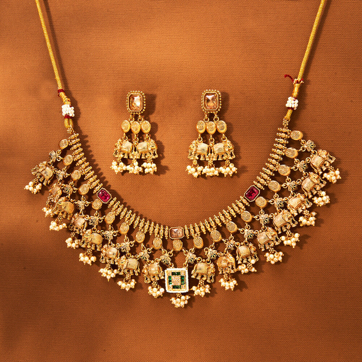 Antique Moti Necklace With Gold Plating 221859