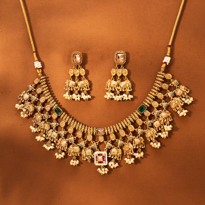 Antique Moti Necklace With Gold Plating 221859