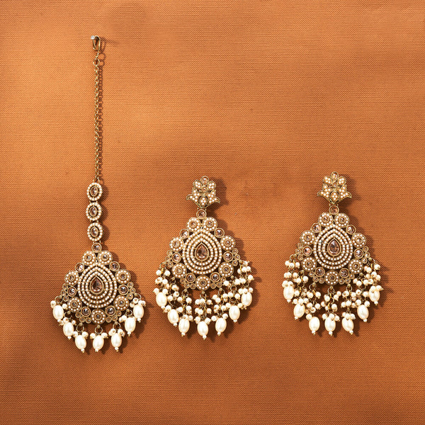 Antique Moti Earring Tikka With Mehndi Plating 221903