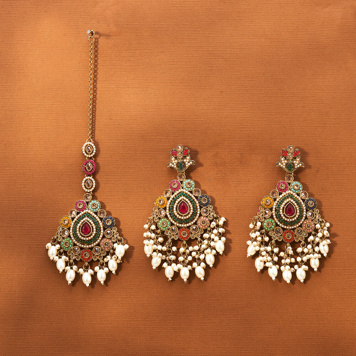 Antique Moti Earring Tikka With Mehndi Plating 221903