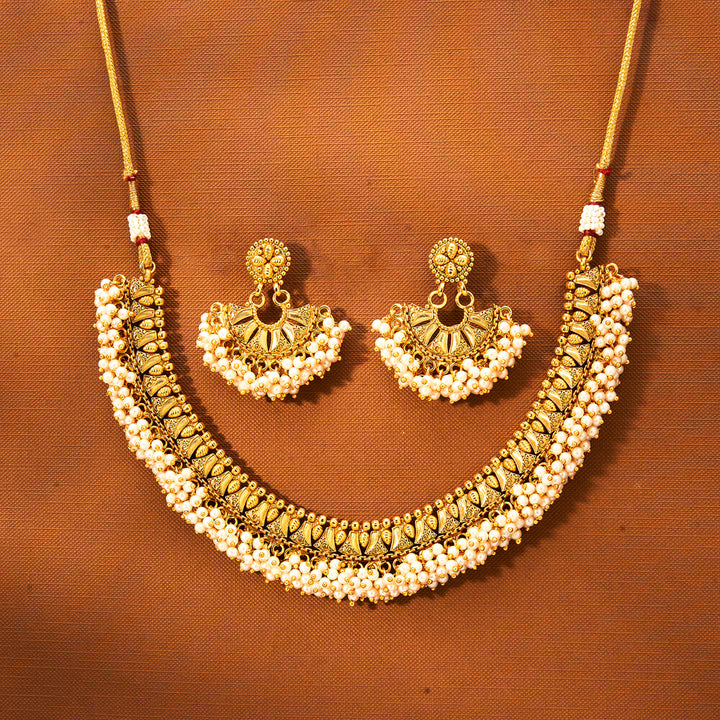 Antique Moti Necklace With Gold Plating 221921