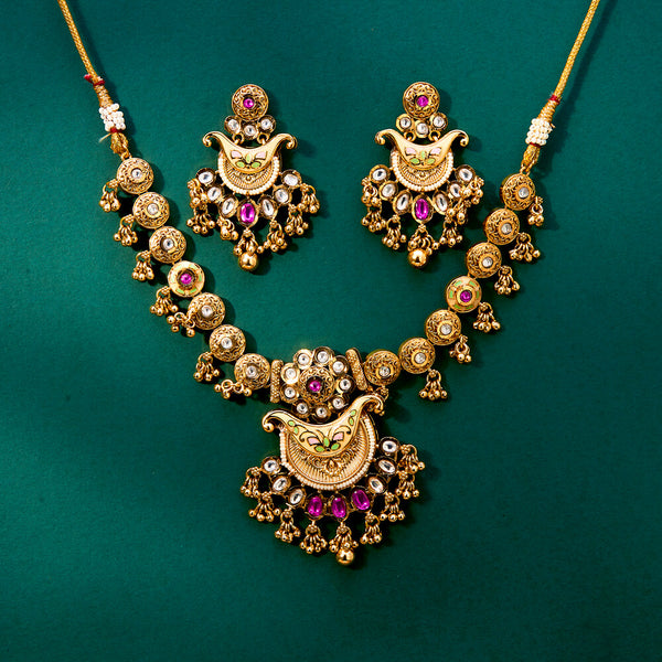 Antique Meenakari Necklace With Matte Gold Plating 222125