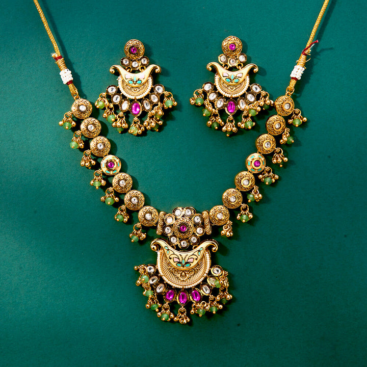 Antique Meenakari Necklace With Matte Gold Plating 222125