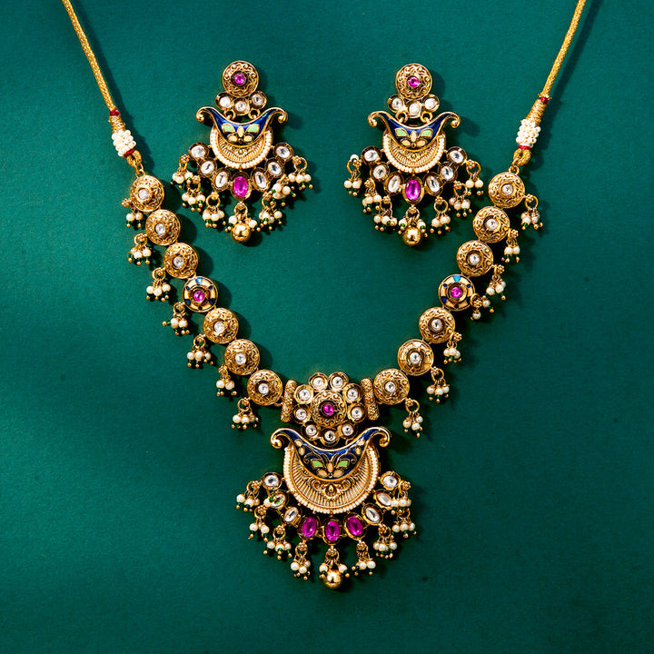 Antique Meenakari Necklace With Matte Gold Plating 222125