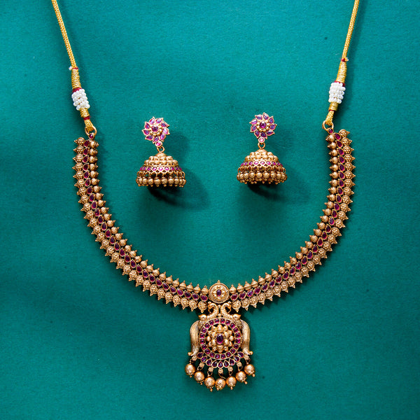 222239 Antique Peacock Necklace With Matte Gold Plating