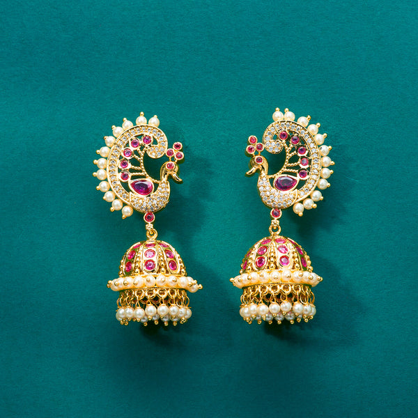 222412 Antique Peacock Jhumki With Gold Plating