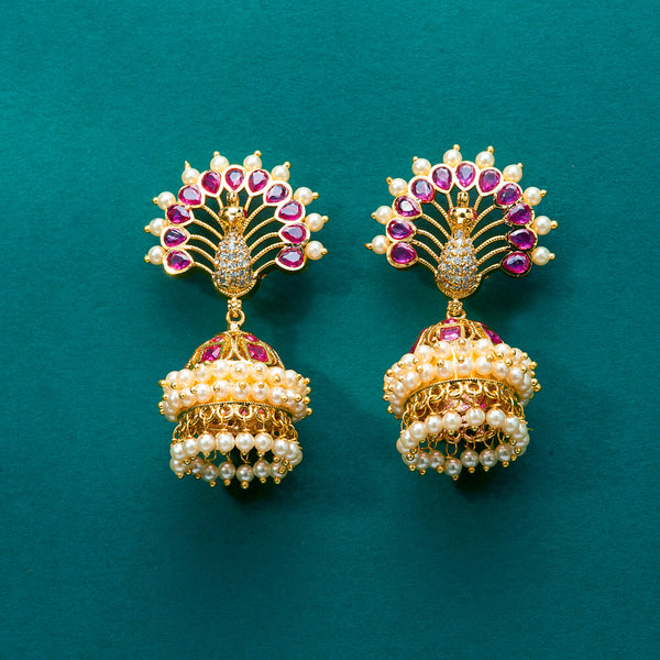 222413 Antique Peacock Jhumki With Gold Plating