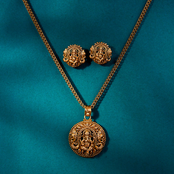 222579 Antique Temple Pendant Set With Matte Gold Plating