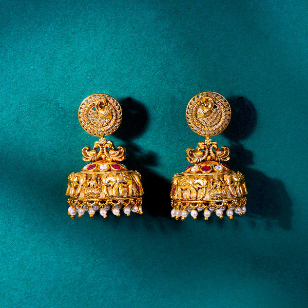 222597 Antique Jhumki With Matte Gold Plating