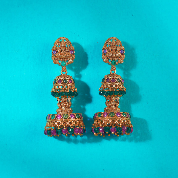 Antique Temple Jhumki With Matte Gold Plating 222654