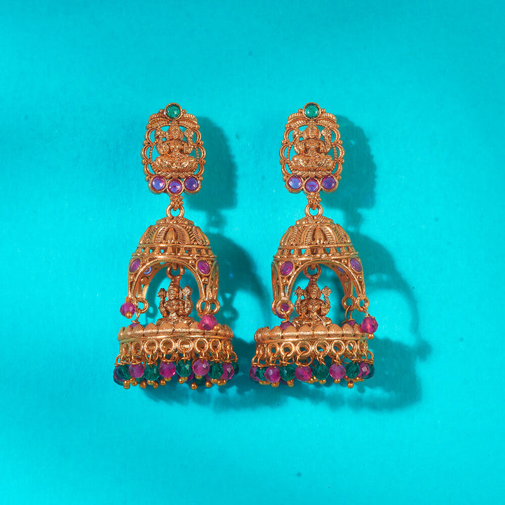 Antique Temple Jhumki With Matte Gold Plating 222656