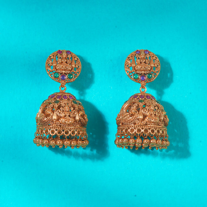 Antique Peacock Jhumki With Matte Gold Plating 222660