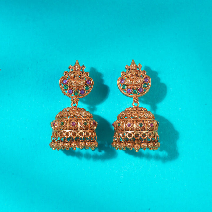 Antique Temple Jhumki With Matte Gold Plating 222662