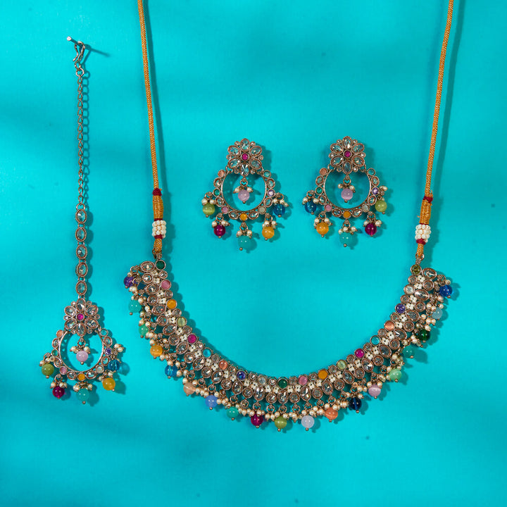 Antique Reverse Ad Stone Necklace With Mehndi Plating 222739