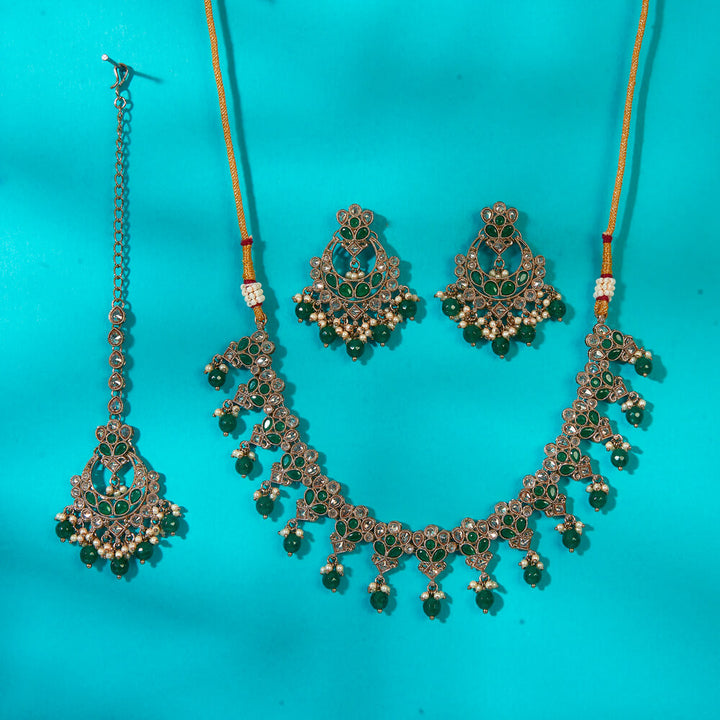 Antique Reverse Ad Stone Necklace With Mehndi Plating 222741