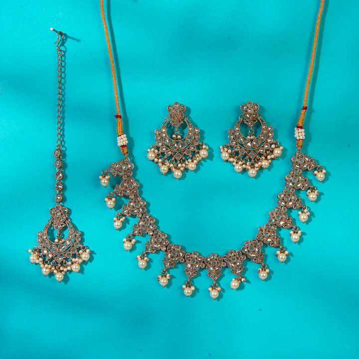 Antique Reverse Ad Stone Necklace With Mehndi Plating 222741