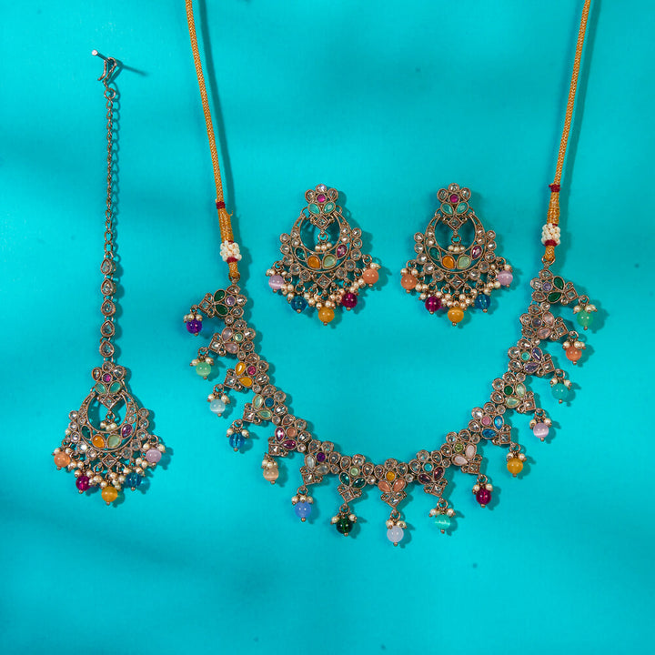 Antique Reverse Ad Stone Necklace With Mehndi Plating 222741