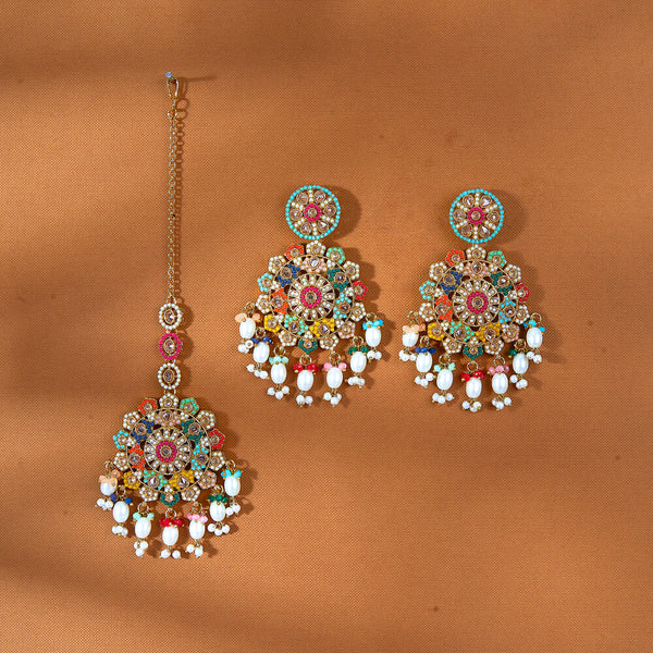 222769 Antique Pearl Earring Tikka With Mehndi Plating