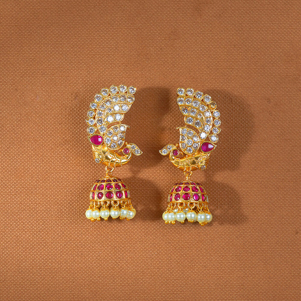 222811 Antique Peacock Jhumki With Matte Gold Plating