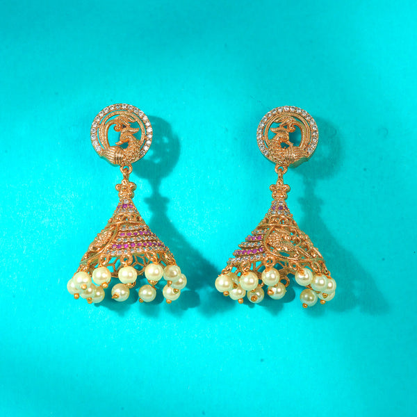 222874 Antique Peacock Jhumki With Matte Gold Plating