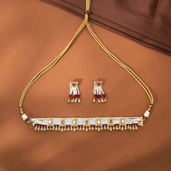 222935 Antique Moti Necklace With Matte Gold Plating