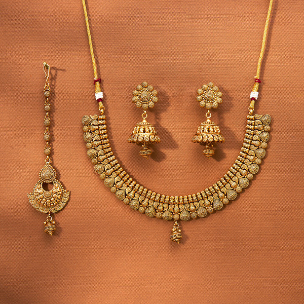 223126 Antique Plain Gold Necklace Set With Matte Gold Plating