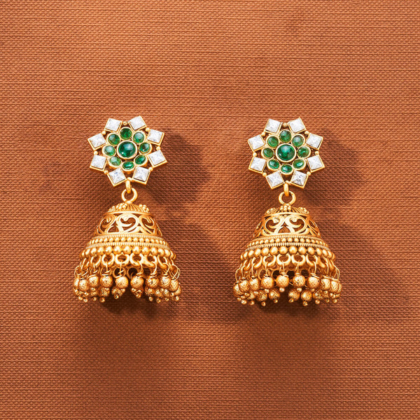 223161 Antique Jhumki With Matte Gold Plating