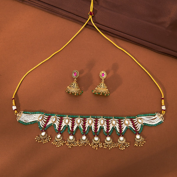 223217 Antique Moti Necklace With Matte Gold Plating