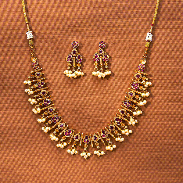 223334 Antique Moti Necklace With Matte Gold Plating