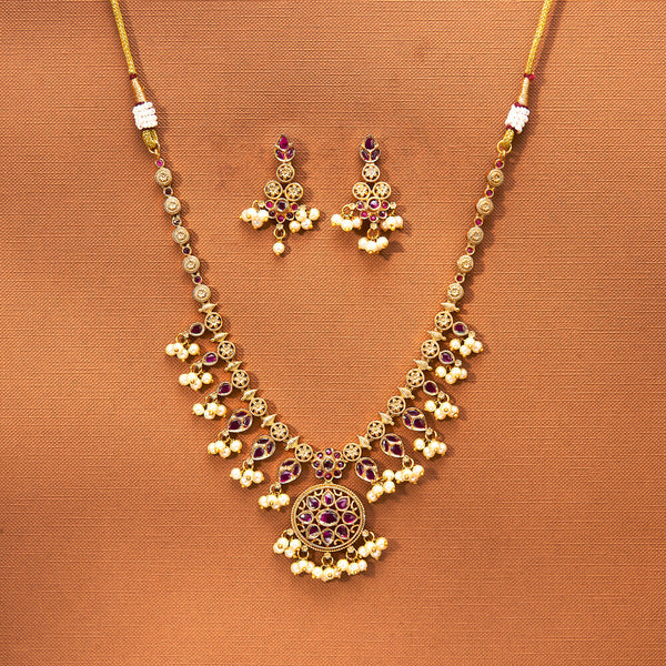 223351 Antique Moti Necklace Set With Matte Gold Plating