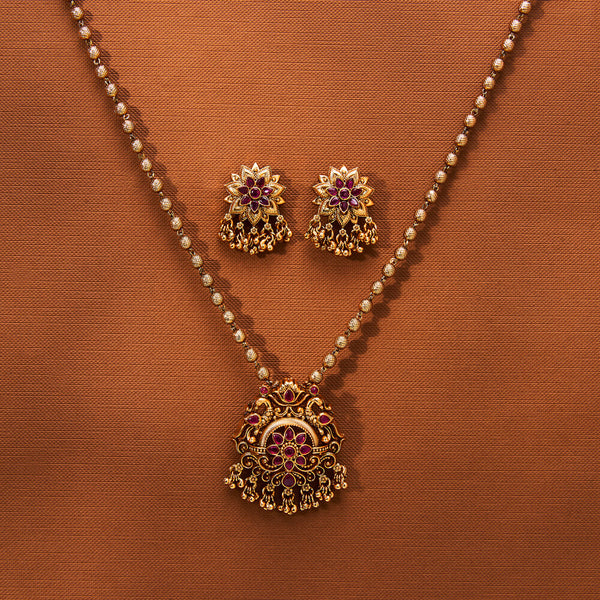 223411 Antique South Indian Pendant Set With Matte Gold Plating