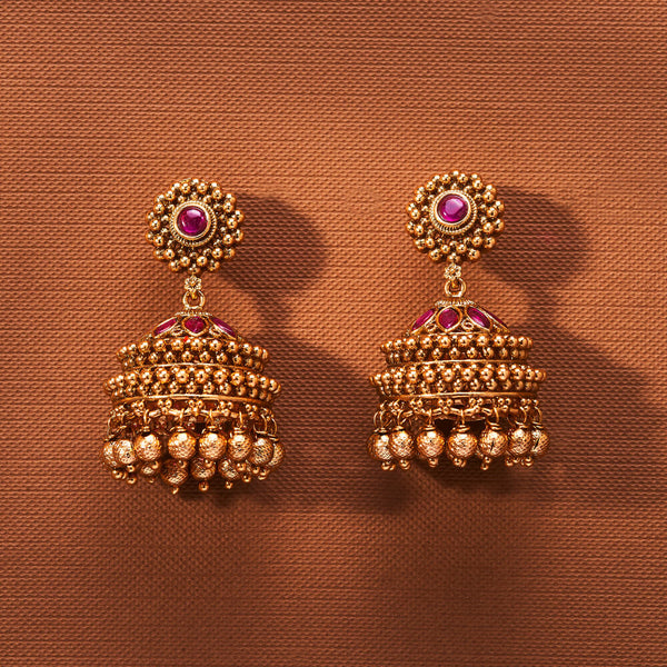 223438 Antique Jhumki With Matte Gold Plating