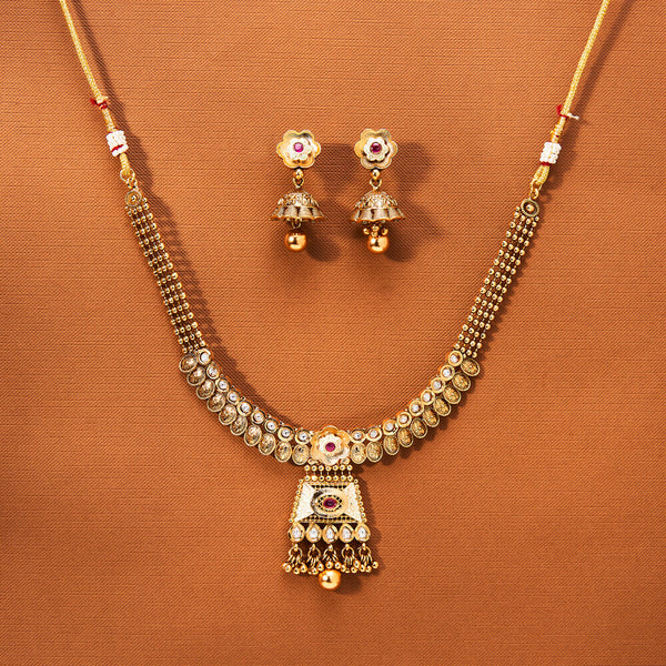 223501 Antique Meenakari Necklace With Matte Gold Plating