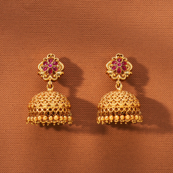 223509 Antique Jhumki With Matte Gold Plating