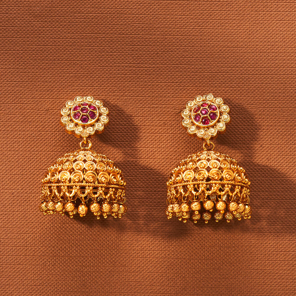 223514 Antique South Indian Jhumki With Matte Gold Plating