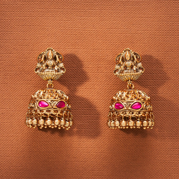 223604 Antique Temple Jhumki With Matte Gold Plating