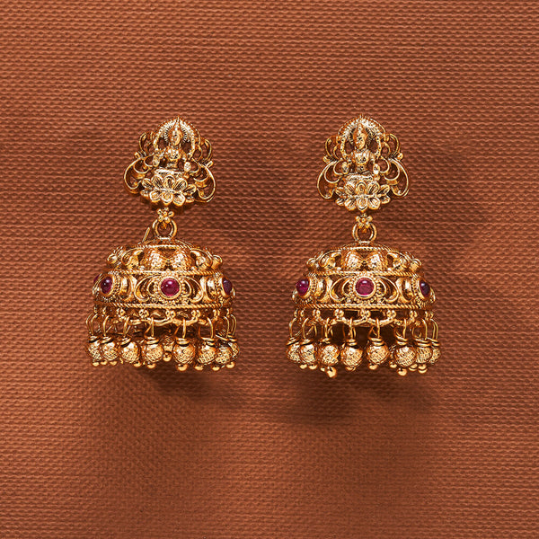 223606 Antique Temple Jhumki With Matte Gold Plating