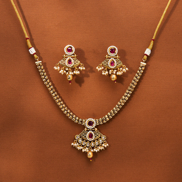 223690 Antique Moti Necklace With Matte Gold Plating