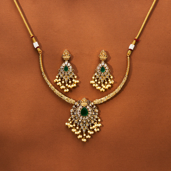 223711 Antique Moti Necklace With Matte Gold Plating