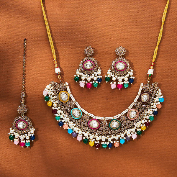 223756 Antique Moti Necklace With Mehndi Plating