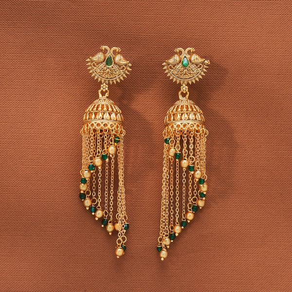 223866 Antique Peacock Jhumki With Matte Gold Plating