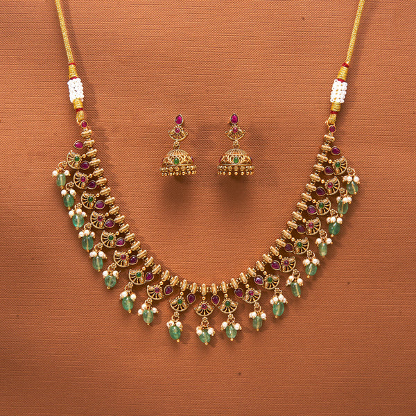 224015 Antique South Indian Necklace With Matte Gold Plating