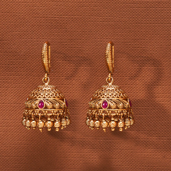 224044 Antique Jhumki With Matte Gold Plating