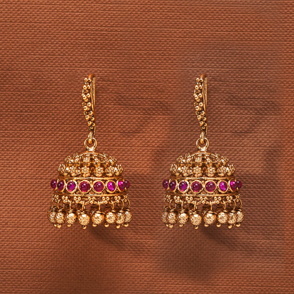 224046 Antique Jhumki With Matte Gold Plating