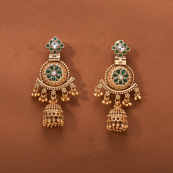 224102 Antique Jhumki With Matte Gold Plating