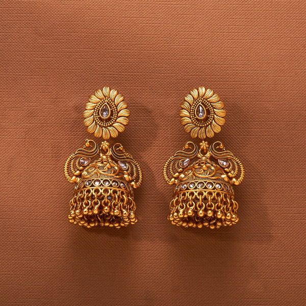 224119 Antique Peacock Jhumki With Matte Gold Plating