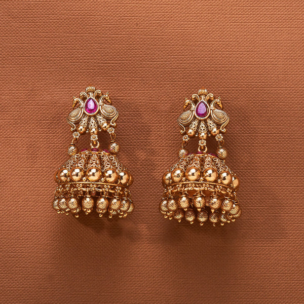 224154 Antique Jhumki With Matte Gold Plating