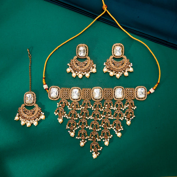 224253 Antique Moti Necklace With Mehndi Plating