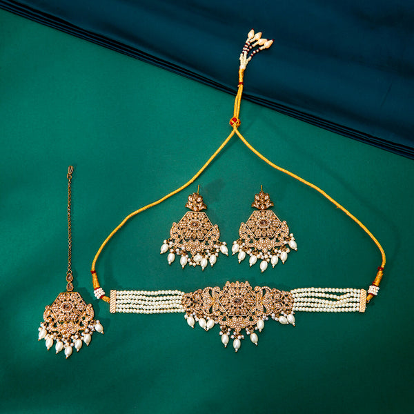 224279 Antique Pearl Necklace With Mehndi Plating