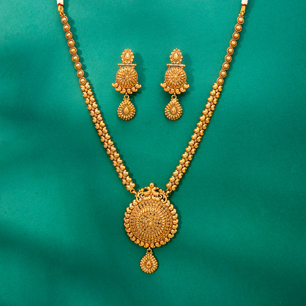 224300 Antique Long Necklace With Matte Gold Plating